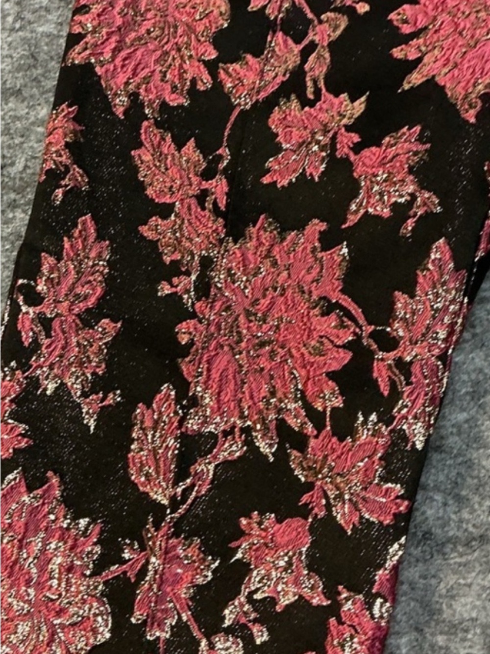 For Love & Lemons Tapestry Metallic Black Pants with Pink Floral Brocade Accents